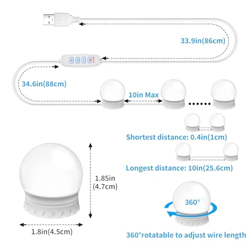 NEWKAZ LED Vanity Mirror Lights with 14 Dimmable Bulbs, 3000K 4500K 6500K & 10 Brightness Levels Adjustable, Plug in USB Cable, Hollywood Style Stick On Mirror Lights for Makeup Desk Bathroom Dressing Room - Image 3