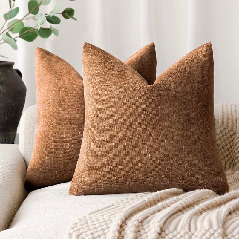 Foindtower Pack of 2 Soft Textured Chenille Throw Decorative Pillow Covers Square Accent Solid Cushion Cover Cozy Farmhouse Pillow Case with Zippe for Couch Sofa Bed Living Room 22x22 Inch Bronze