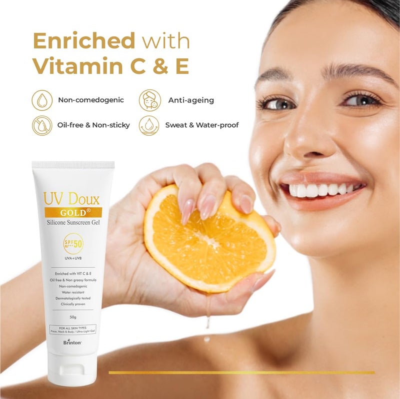 Brinton جل واقي الشمس برينتون يو في دوكس جولد سيليكون SPF 50 PA مع فيتامين C و E حماية من UVA و UVB غير دهني مقاوم للماء لجميع أنواع البشرة 100 جرام عبوة من 2 - Image 4