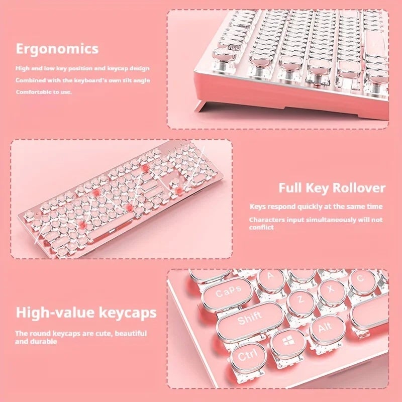 Eweadn لوحة مفاتيح Eweadn Punk Typewriter Mechanical Gaming Keyboard, Pink, 104 Keys Full Size with Numeric Keypad, White Backlit, for Windows PC - Image 4