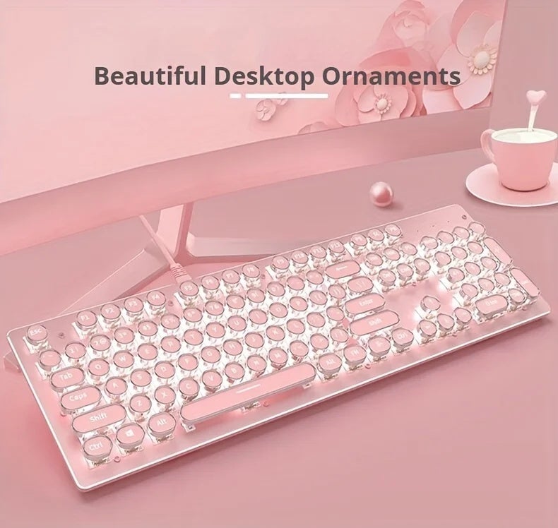 Eweadn لوحة مفاتيح Eweadn Punk Typewriter Mechanical Gaming Keyboard, Pink, 104 Keys Full Size with Numeric Keypad, White Backlit, for Windows PC - Image 1
