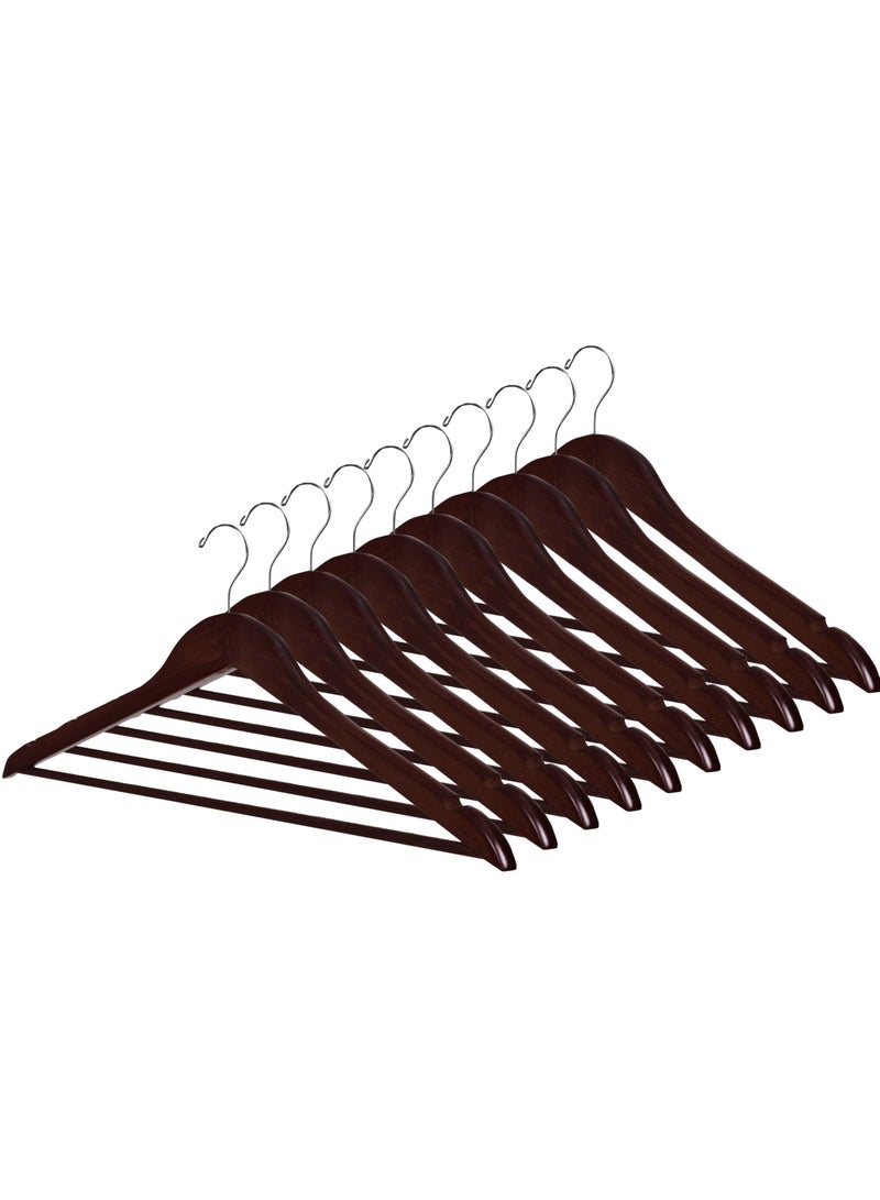 Wooden Coat Hangers Smooth Finish with Non-Slip Bar, Swivel Hook & Shoulder Notches, Dark Brown (10 PCS) - Image 1