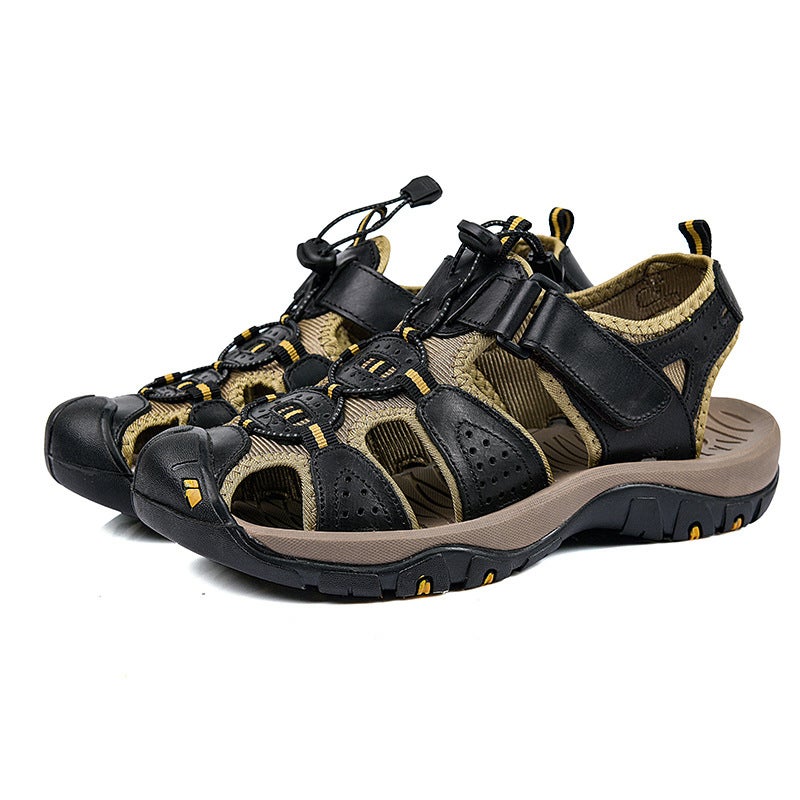 First-Layer Genuine Leather Cowhide Summer Hollow Sandals Outdoor Breathable Beach Shoes Men'S Non-Slip Wading Shoes Large Size - Image 1
