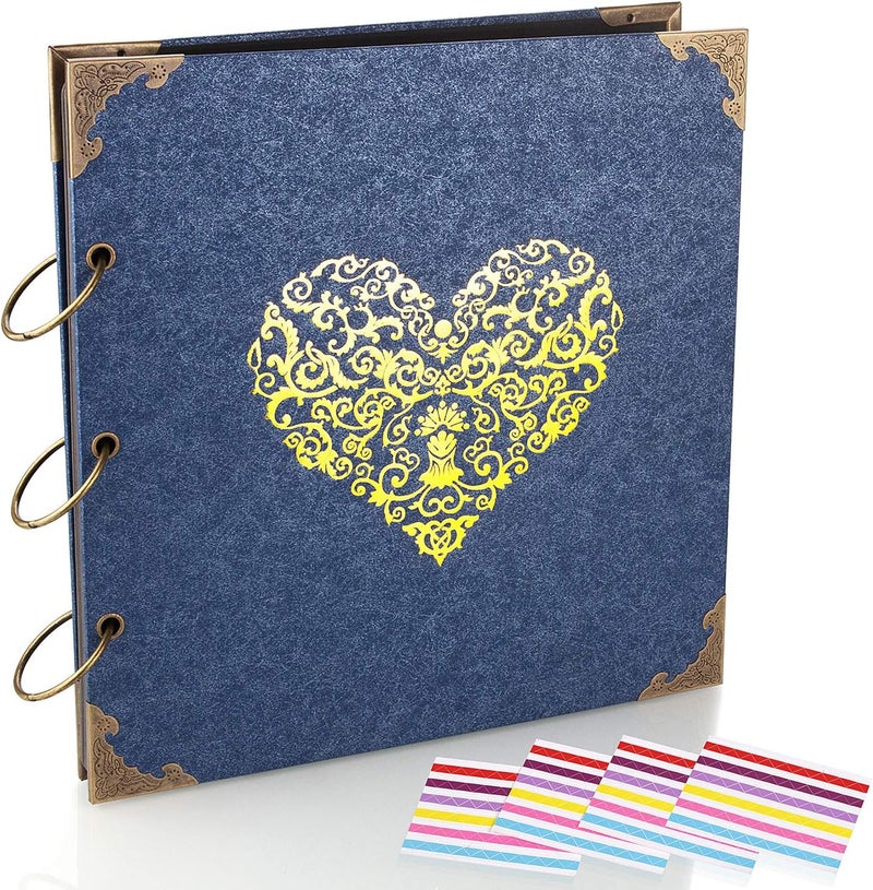 ADVcer Photo Album DIY Scrapbook (10x10 inch 50 Pages Double Sided) Vintage Hardcover Three-Ring Binder Picture Booth Albums with 6 Colors 408pcs Self Adhesive Photos Corners for Memory Keep (Blue) - Image 1