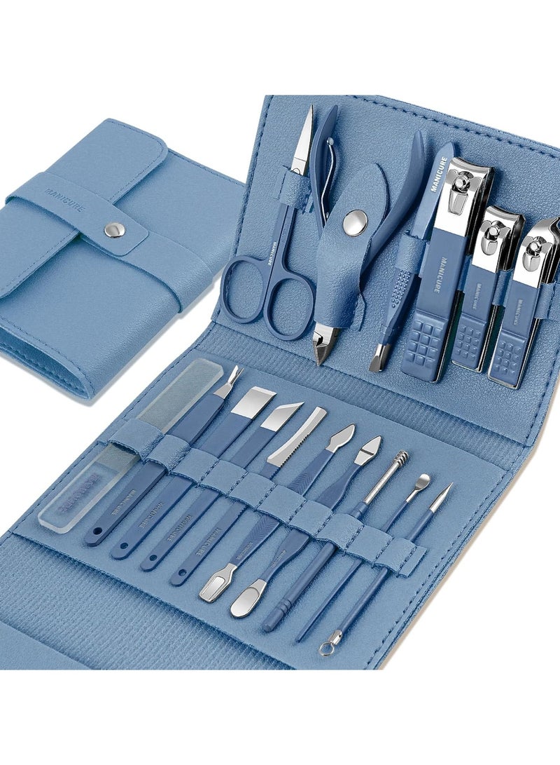 Professional Manicure and Pedicure Set - 16 Piece Stainless Steel Nail Care Tools with Luxury Leather Travel Case (Blue) for Women and Men - Image 1