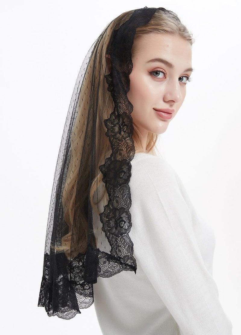 Leimandy Lace Headcovering for Women Mass Veils Lace Chapel Veil Mantilla Veil V80 (Dots-Black) - Image 4