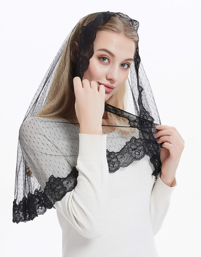 Leimandy Lace Headcovering for Women Mass Veils Lace Chapel Veil Mantilla Veil V80 (Dots-Black) - Image 2