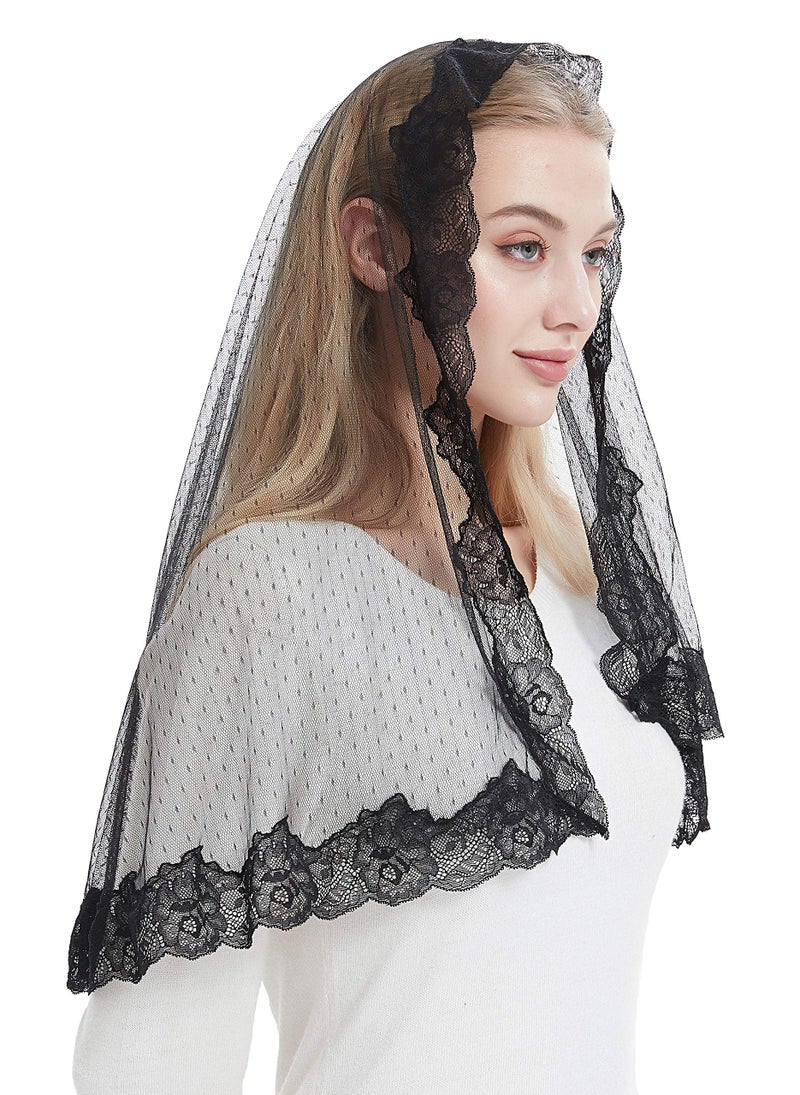 Leimandy Lace Headcovering for Women Mass Veils Lace Chapel Veil Mantilla Veil V80 (Dots-Black) - Image 1