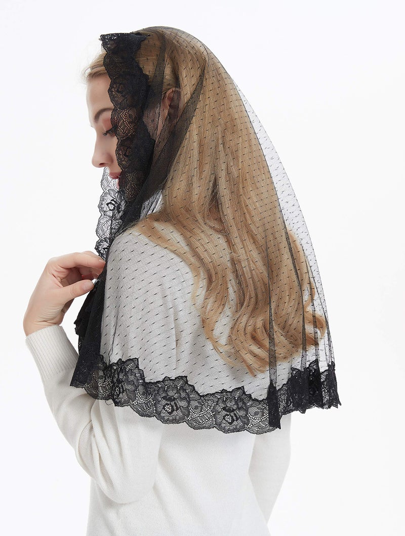 Leimandy Lace Headcovering for Women Mass Veils Lace Chapel Veil Mantilla Veil V80 (Dots-Black) - Image 3