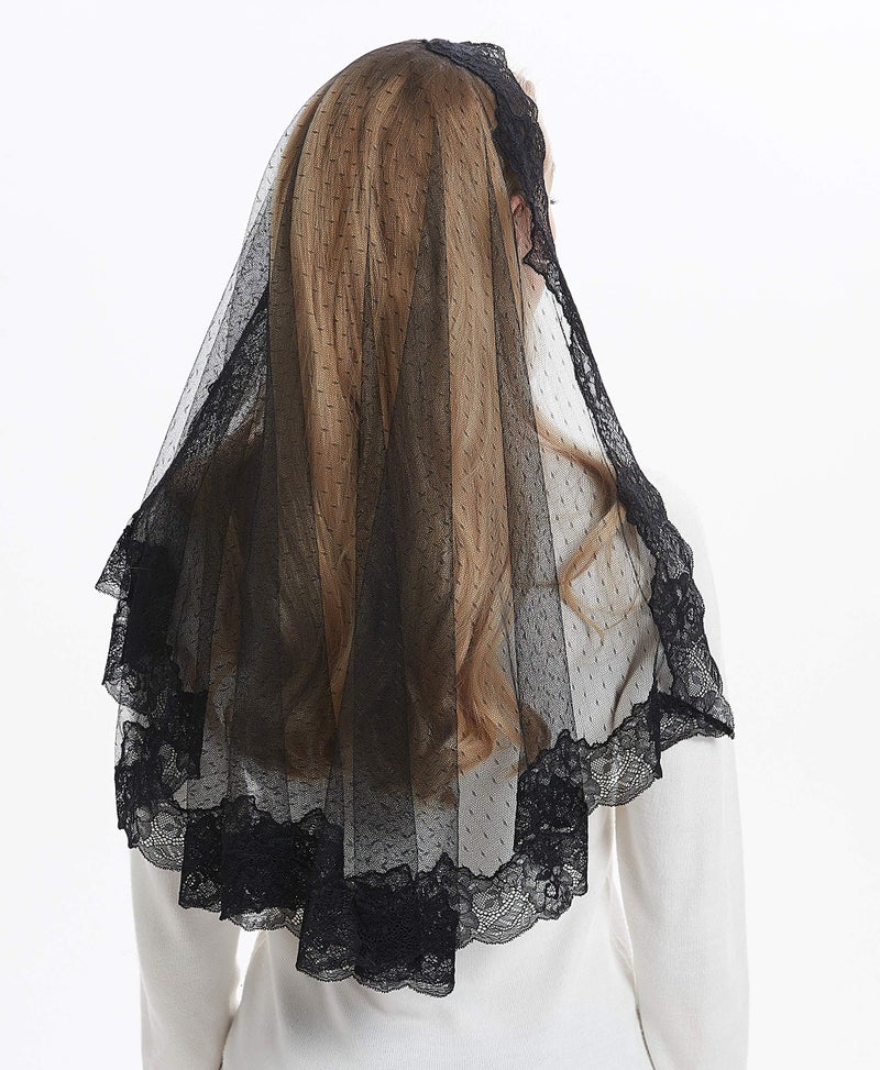 Leimandy Lace Headcovering for Women Mass Veils Lace Chapel Veil Mantilla Veil V80 (Dots-Black) - Image 5