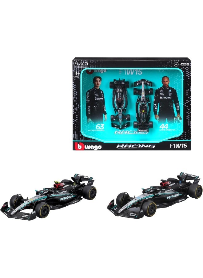Bburago 1:43 فورمولا (بدون خوذة وقاعدة بلاستيكية - مرسيدس-أيه إم جي بتروناس F1 W15 فريق (2024) 2-عبوة (عمودي)) - Image 1