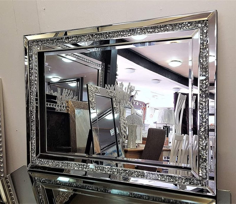 blingworld Decorative Wall Mirror 32x24 Crushed Diamond Mirror with Crystal for Wall Decor Living Room Silver Luxury Modern Mirrored Home Decoration Big Large Mirror Silver