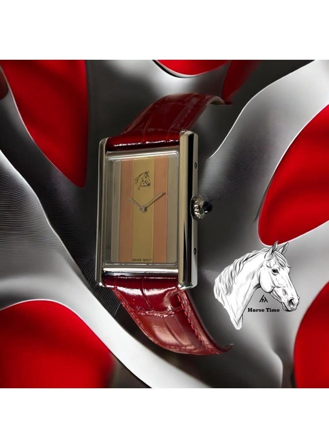Rectangular Horse Logo Wrist Watch with Red Faux Leather Strap - Image 2