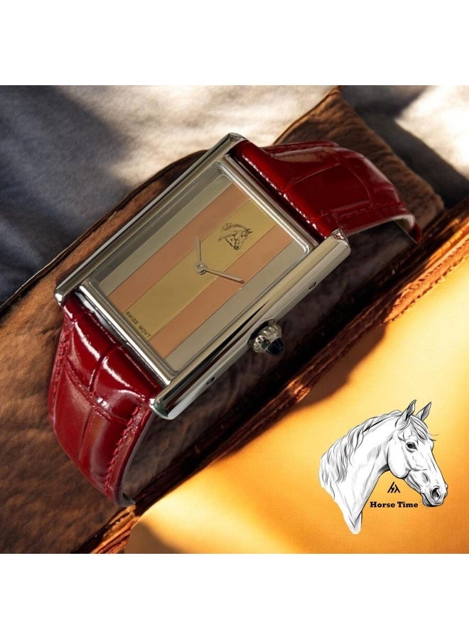 Rectangular Horse Logo Wrist Watch with Red Faux Leather Strap - Image 1