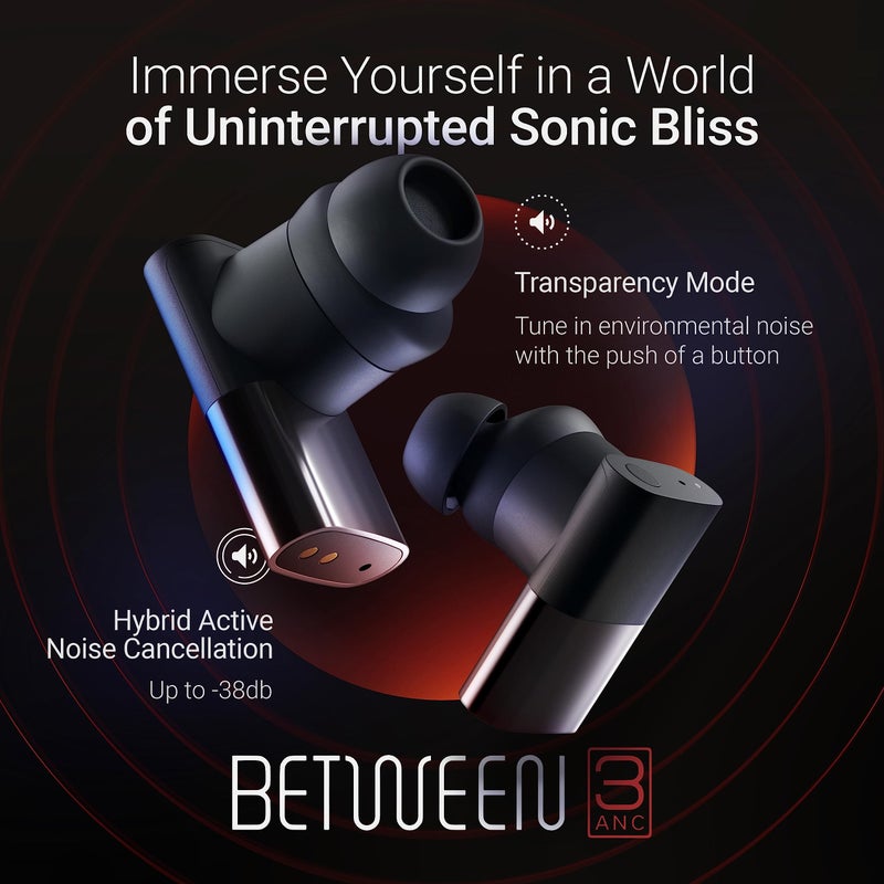 Status Between 3ANC Onyx True Active Noise Cancelling Wireless Earbuds - Black iPhone & Android ANC in Ear Buds, Charging Case, Built-in 6 Microphones, 8H Playtime, Bluetooth 5.2, IPX5 Waterproof - Image 2