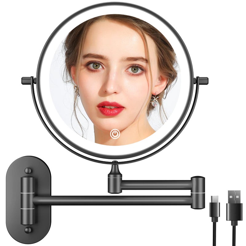 FUNTOUCH Rechargeable Wall Mounted Lighted Makeup Mirror Double Sided 1X 10X Magnifying Bathroom Mirror 3 Color Lighting Touch Screen Dimming Extended Arm 360 Rotation Shaving Light up Mirror