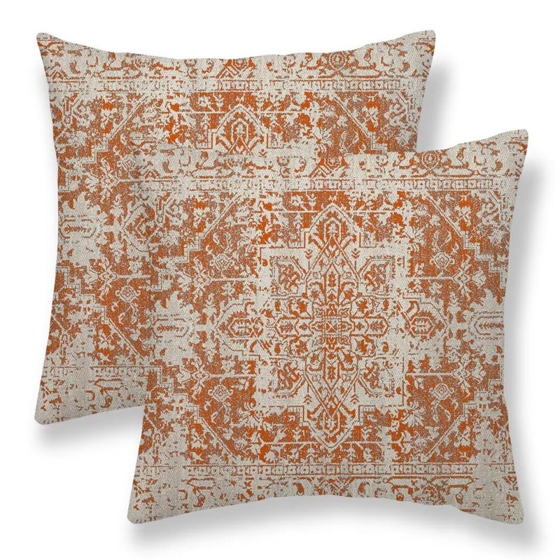 Sunshineyan Fall Pillow Covers 18x18 Set of 2 Burnt Orange Boho Decorative Throw Pillows Ethnic Vintage Farmhouse Bohemian Carpet Pattern Pillow Cases Linen Gifts for Couch Sofa Outdoor Decor