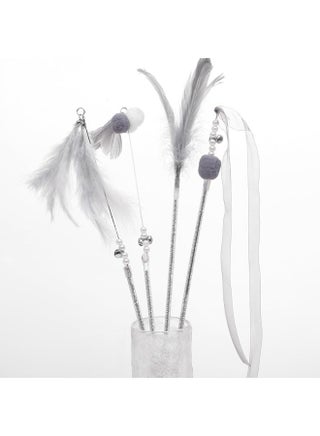 NeoStyle Cat Teaser - Interactive Cat Toy With Feathers and Bells to Promote Bonding and Attract Cats' Attention - for Indoor Cats (Grey Feathers 4pcs) - view 4
