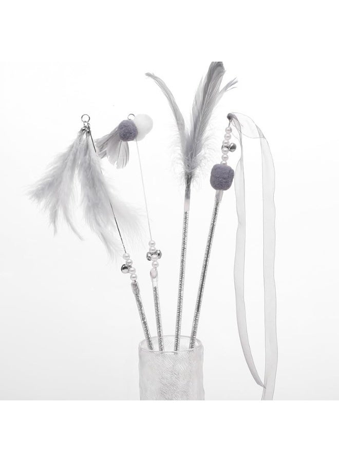 NeoStyle Cat Teaser - Interactive Cat Toy With Feathers and Bells to Promote Bonding and Attract Cats' Attention - for Indoor Cats (Grey Feathers 4pcs) - Image 4