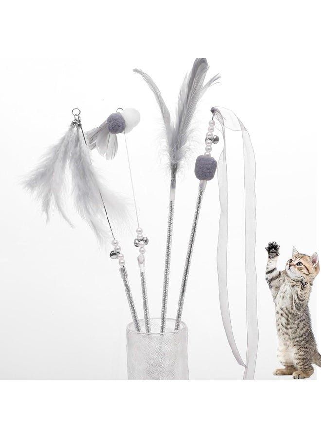 NeoStyle Cat Teaser - Interactive Cat Toy With Feathers and Bells to Promote Bonding and Attract Cats' Attention - for Indoor Cats (Grey Feathers 4pcs)