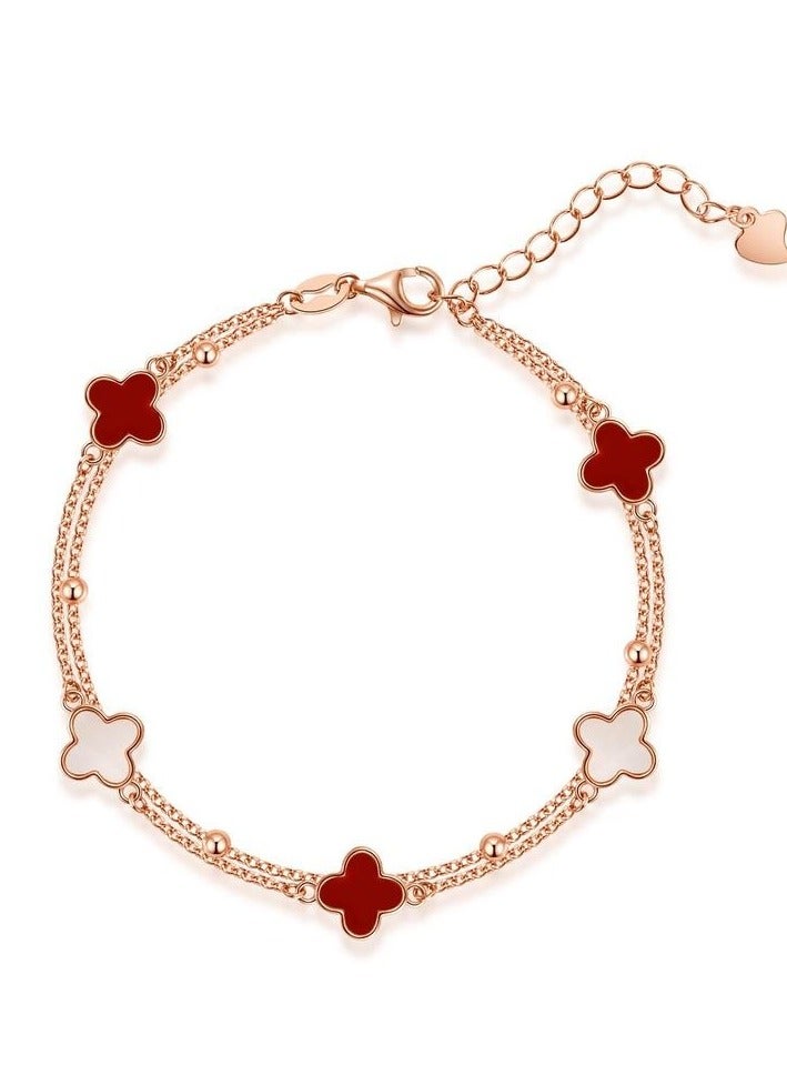 أربعة أوراق كلفير سوار للفتيات ، الفضة النقية خمس زهرة سوار ، طبقة مزدوجة أفضل صديق سوار ، تصميم متخصص