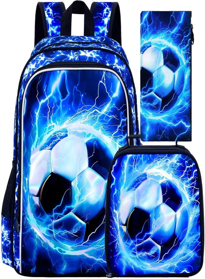 UFNDC 3PCS Boys Soccer Backpack, Kids Lightning Bookbag with Lunch Box, 17" Water Resistant School Bag for Teenagers Elementary Middle - Image 1