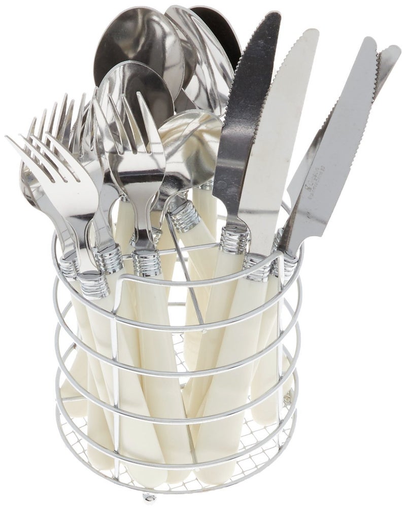 Gibson Sensations 16-Piece Stainless Steel Flatware Set with Metal Caddy - Includes Knives, Forks, Large & Small Spoons - Durable, Dishwasher Safe Silverware for Everyday Dining (White) - Image 4