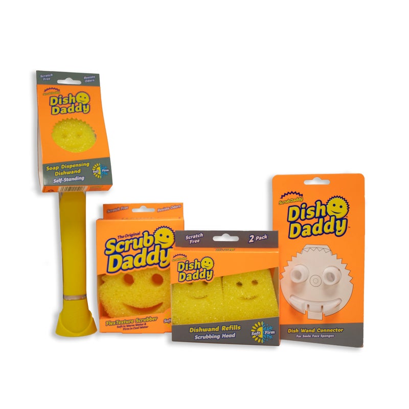 Scrub Daddy Dish Daddy Wand Refill Heads Sponge Connector Head Soap Dispensing Dish Brush Texture Changing Washing Up Sponge with Liquid Handle Builtin Scraper Scrubbing Head Yellow