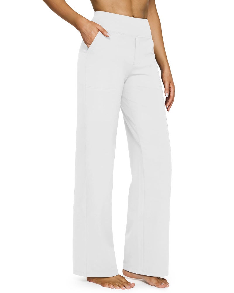 G4Free Wide Leg Pants for Women Yoga Pants with Pockers Stretch Flare Dress Work Pants Open Bottom Sweatpant for Workout Casual(White,L,31") - Image 1
