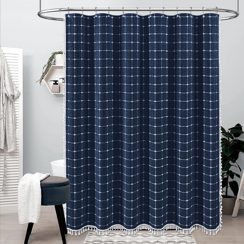 BTTN BTTN 78 Inch Long Shower Curtain - Boho Farmhouse Linen Ultra Thick Fabric Shower Curtain Set with Plastic Hooks  Tall Rustic Country Weighted Cloth Shower Curtains for Bathroom - Navy Blue - 72x78 - Image 1