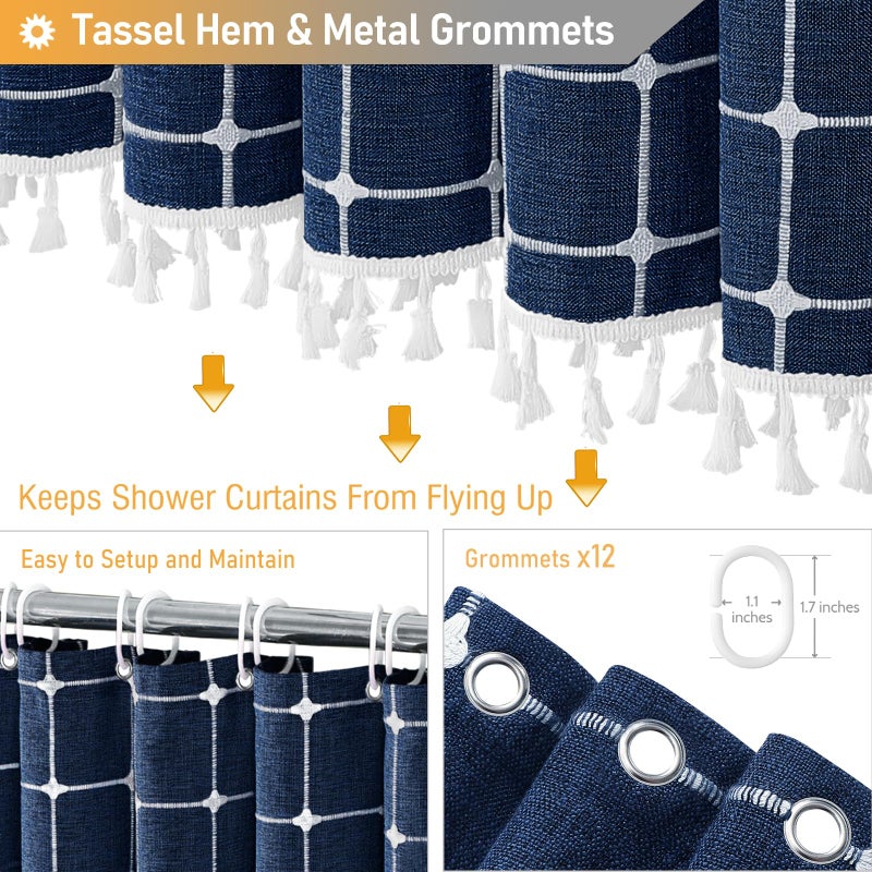 BTTN BTTN 78 Inch Long Shower Curtain - Boho Farmhouse Linen Ultra Thick Fabric Shower Curtain Set with Plastic Hooks  Tall Rustic Country Weighted Cloth Shower Curtains for Bathroom - Navy Blue - 72x78 - Image 4