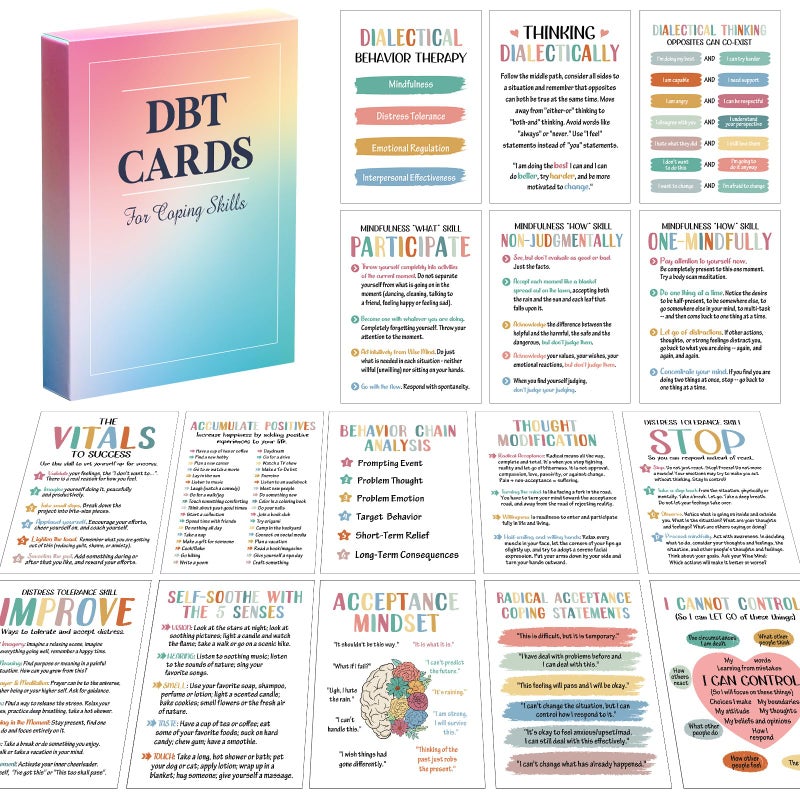 Marspark 48 Pcs DBT Flashcards - Dialectical Behavior Therapy Coping Skills Cards, Anxiety Coping Skills, Cognitive Distortions, DBT Affirmations Mental Health Counseling Card Deck Ring - Image 1