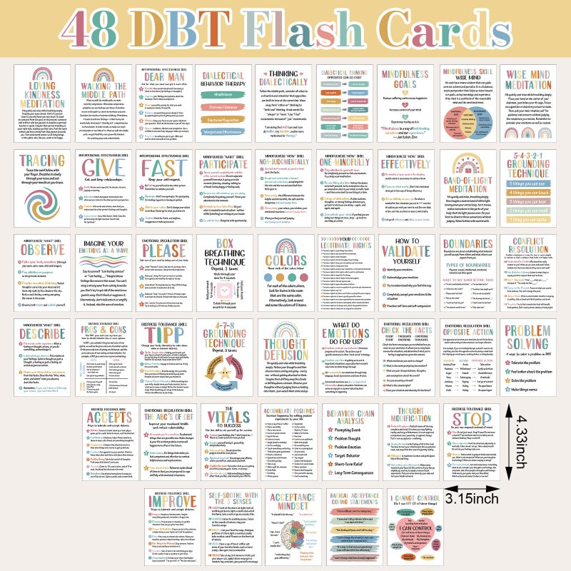 Marspark 48 Pcs DBT Flashcards - Dialectical Behavior Therapy Coping Skills Cards, Anxiety Coping Skills, Cognitive Distortions, DBT Affirmations Mental Health Counseling Card Deck Ring - Image 2