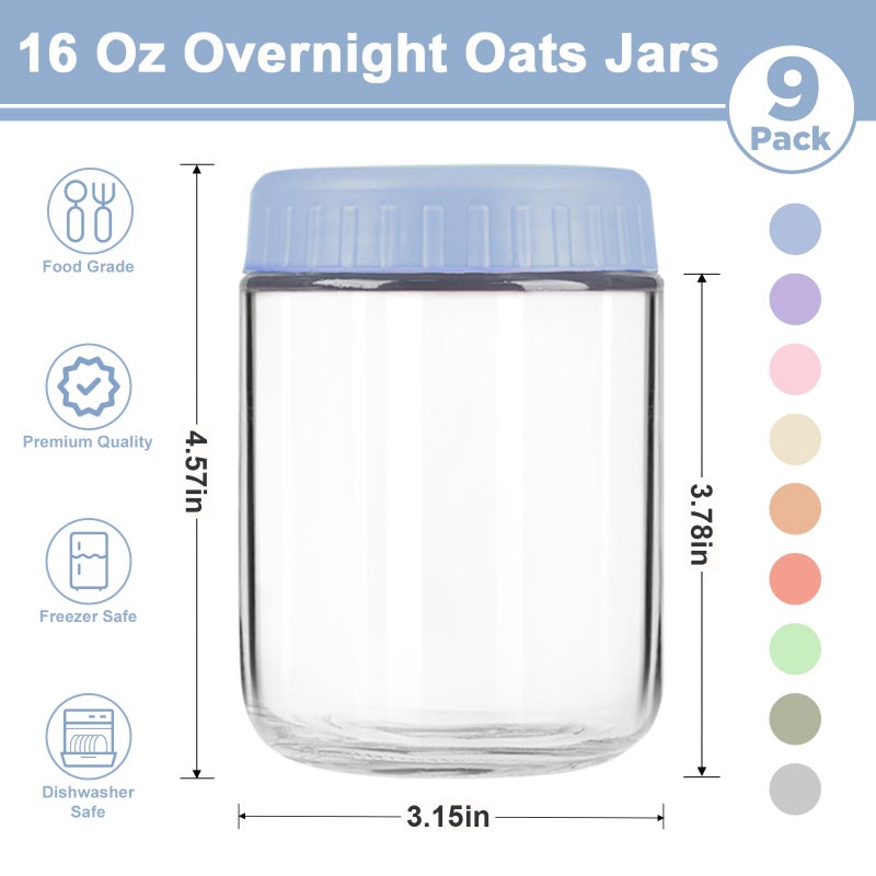 COYACOOL Overnight Oats Containers with Lids, 16oz Wide Mouth Mason Jars with Lids, 9 Pack Glass Jars with Airtight lid for Chia Pudding Yogurt Salad, Meal Prer Oatmeal Jars - Image 2