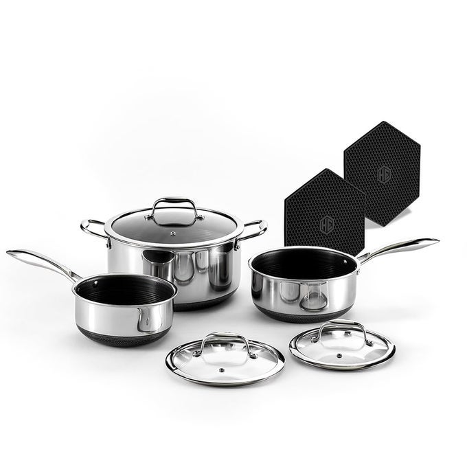 HYBRID NONSTICK 6PIECE POT SET WITH 2 SILICONE TRIVETS 2 3 AND 8QUART POTS WITH TEMPERED GLASS LIDS STAYCOOL HANDLES DISHWASHERFRIENDLY INDUCTION READY COMPATIBLE WITH ALL COOKTOPS