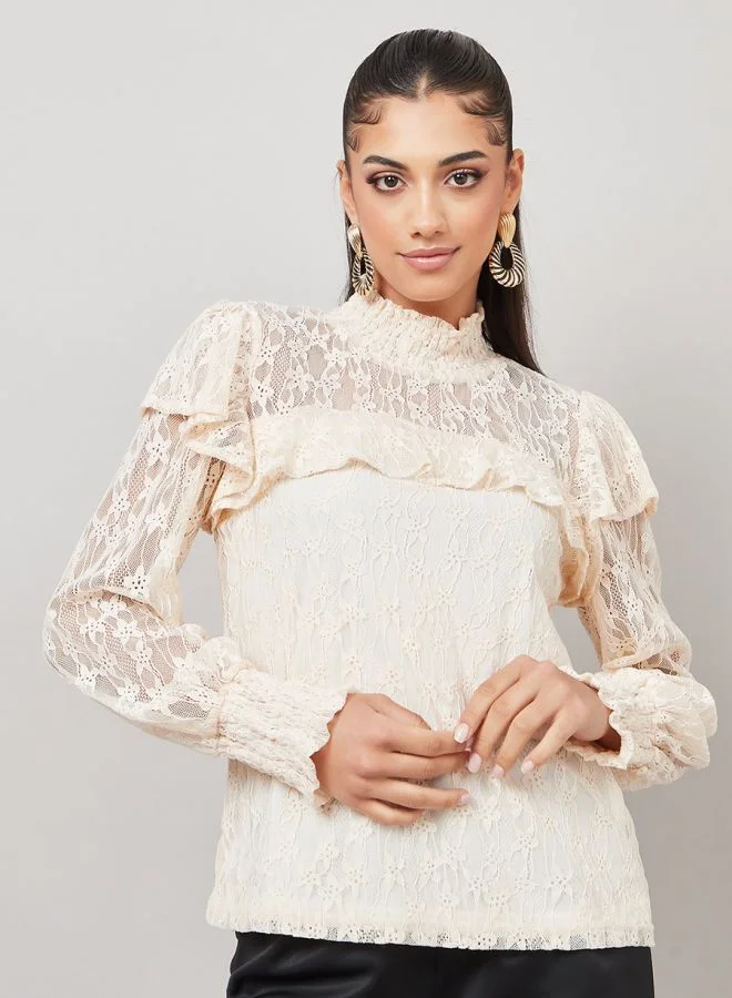 Styli Lace Yoke High Neck Casual Blouse