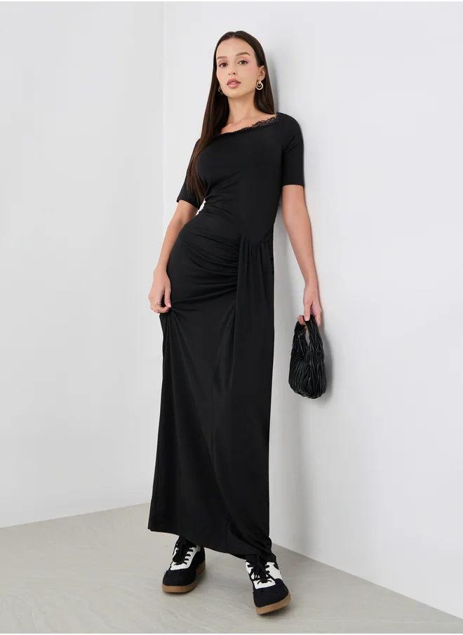 Styli Solid Boat Neck Lace Detail Maxi Dress