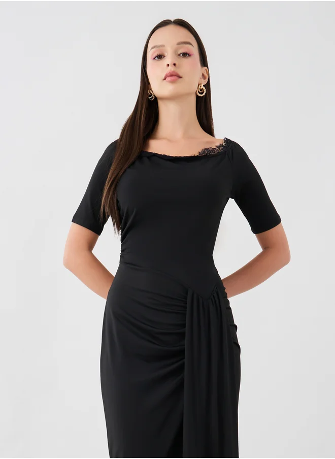 Styli Solid Boat Neck Lace Detail Maxi Dress