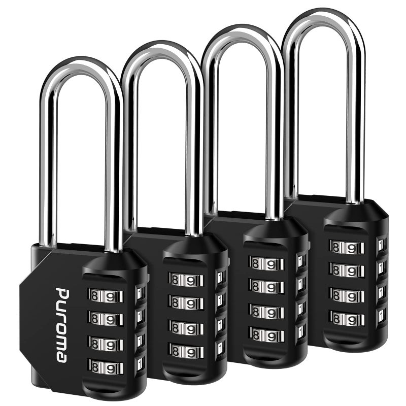 Puroma 4 Pack 26 Inch Long Shackle Combination Lock 4 Digit Outdoor Waterproof Padlock for Hasp Locker Lock Sports Locker Fence Gate Toolbox Case Hasp Storage Cabinets Black