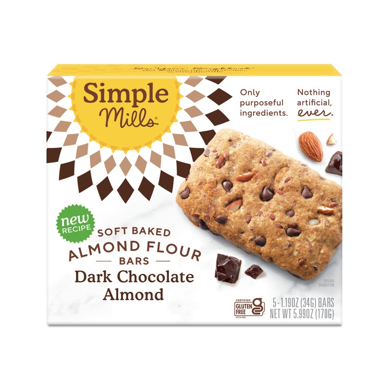 Simple Mills Soft Baked Dark Chocolate Almond Flour Bars, 5 ct, 1.19 oz each - Image 1
