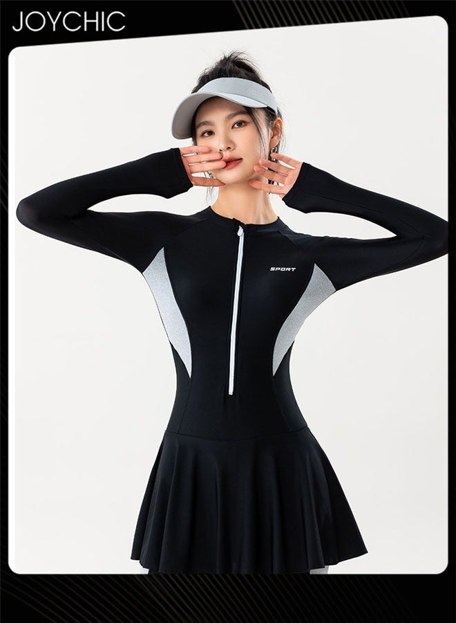 Joychic ملابس سباحة نسائية قطعة واحدة مرقعة بسحاب صيفي بأكمام طويلة سريعة الجفاف قابلة للتنفس للحماية من الشمس بدلة غوص ملابس ركوب الأمواج للرياضات الخارجية والشاطئ باللون الأسود - Image 2