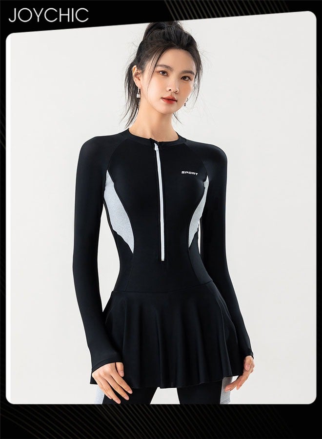 Joychic ملابس سباحة نسائية قطعة واحدة مرقعة بسحاب صيفي بأكمام طويلة سريعة الجفاف قابلة للتنفس للحماية من الشمس بدلة غوص ملابس ركوب الأمواج للرياضات الخارجية والشاطئ باللون الأسود - Image 3