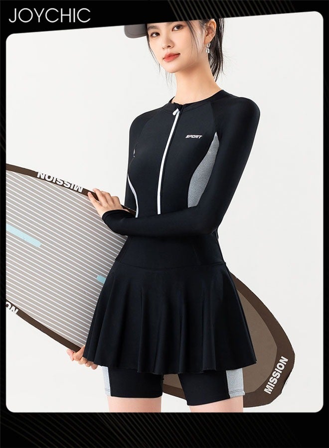 Joychic ملابس سباحة نسائية قطعة واحدة مرقعة بسحاب صيفي بأكمام طويلة سريعة الجفاف قابلة للتنفس للحماية من الشمس بدلة غوص ملابس ركوب الأمواج للرياضات الخارجية والشاطئ باللون الأسود - Image 1