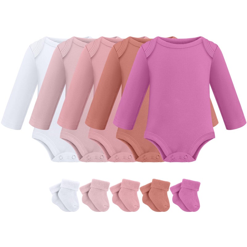 Glitopper 5 Pack Preemie Long Sleeve Bodysuit Preemie Layette Set Bodysuit Socks Set for Boys Girls NICU Gift(Classic,Pink) - Image 1