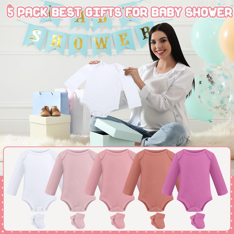 Glitopper 5 Pack Preemie Long Sleeve Bodysuit Preemie Layette Set Bodysuit Socks Set for Boys Girls NICU Gift(Classic,Pink) - Image 4