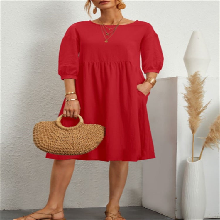 Plain Cotton-Linen Dress with Lantern Sleeves and Pockets - Image 4