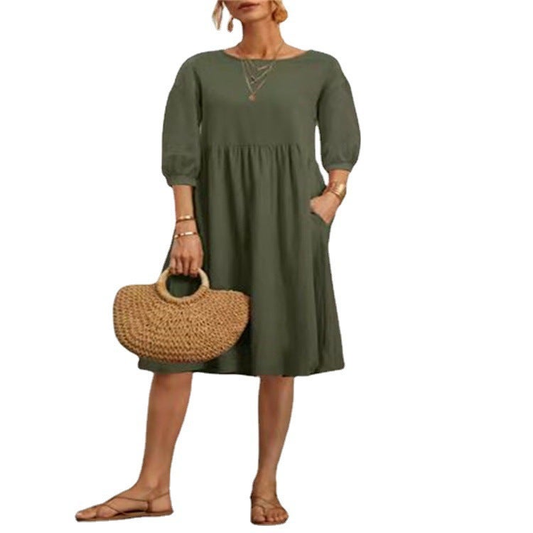 Plain Cotton-Linen Dress with Lantern Sleeves and Pockets - Image 5