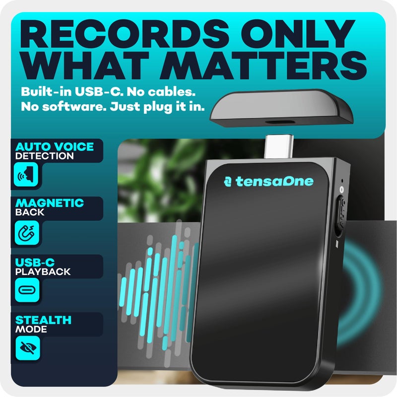 TensaOne مسجل صوتي مفعل بالصوت TensaOne - جهاز تسجيل صوتي صغير مع قاعدة مغناطيسية، مسجلات رقمية محمولة صغيرة، أجهزة ميكروفون مع تقليل الضوضاء الذكي بالذكاء الاصطناعي، صوت لاسلكي، 128GB - 9000 ساعة - Image 2