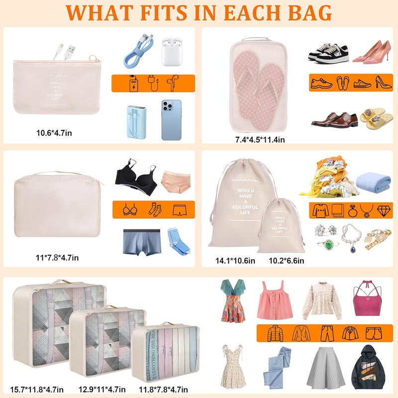 kingdalux 8 Set Packing Cubes for Suitcases, Travel Luggage Packing Organizers with Laundry Bag, Compression Storage Shoe Bag, Clothing Underwear Bag, for Man & Women - Image 3
