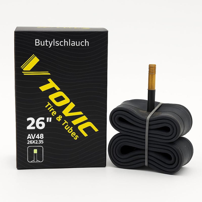 V-Tovic Tires 26" Bike Inner Tube AV48 Valve 26x2.35 | Heavy Duty Butyl Rubber Tube for Mountain, Road, City & Wheelchair Bicycle Tires - Image 1
